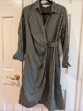 LOFT Olive and White Striped Wrap Midi Dress with Ring Belt